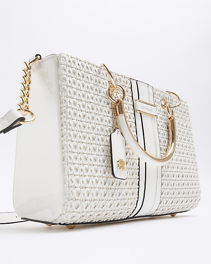 White panelled weave tote bag