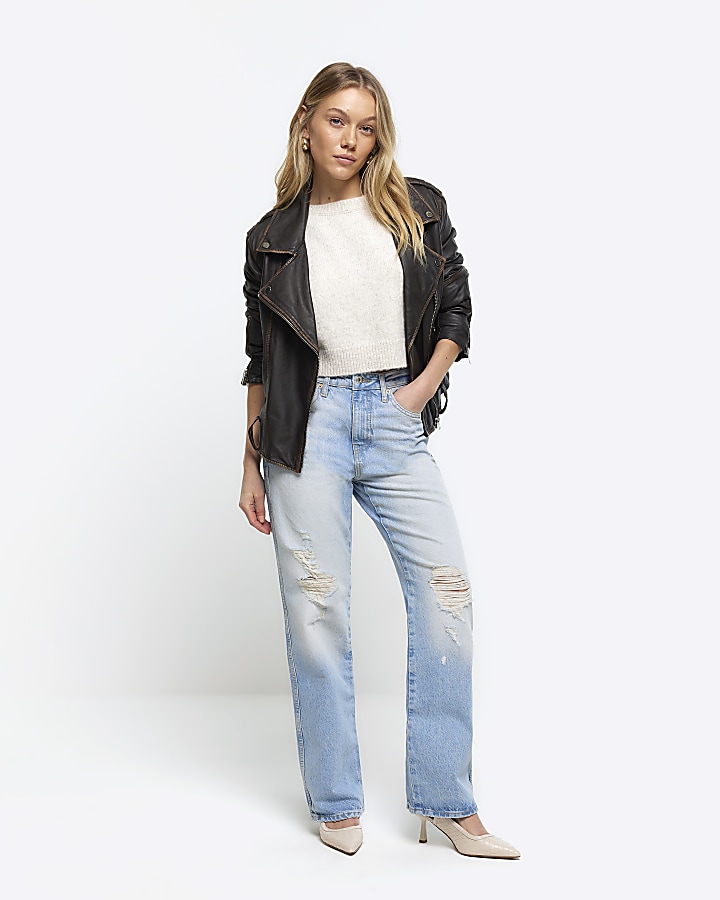 Petite blue ripped stove pipe straight jeans
