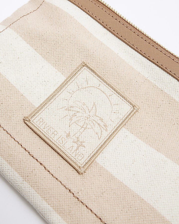 Beige canvas striped pouchette bag