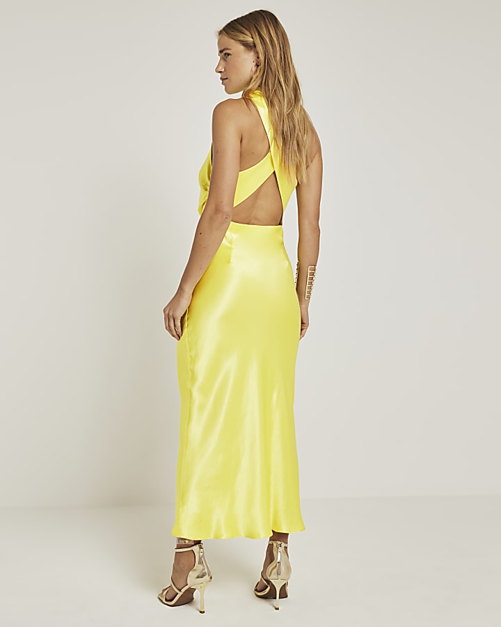 Yellow satin halter cowl neck midi dress | River Island