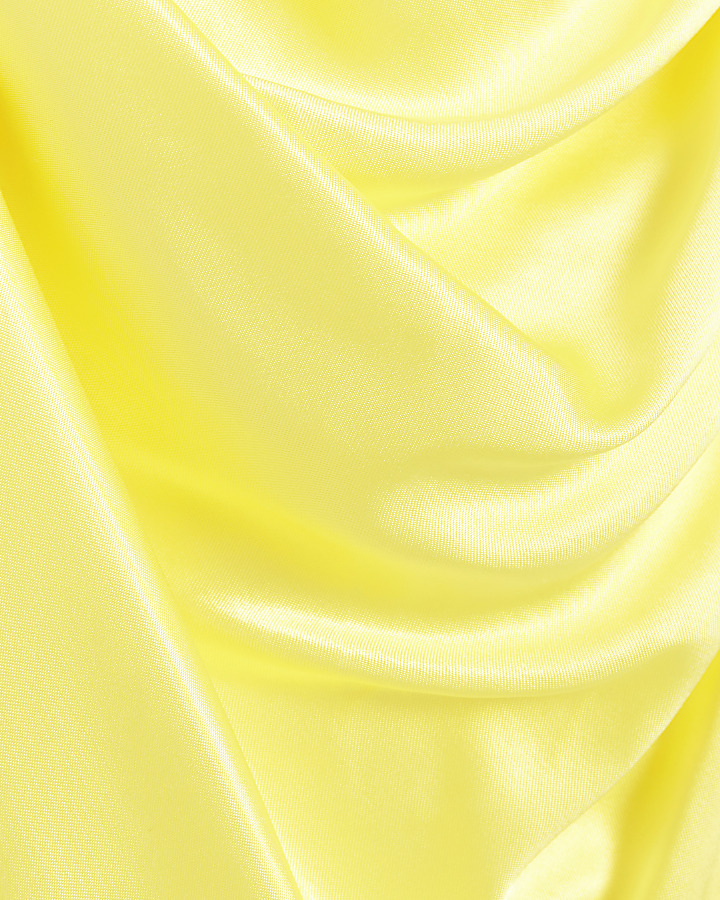 Yellow satin halter cowl neck midi dress