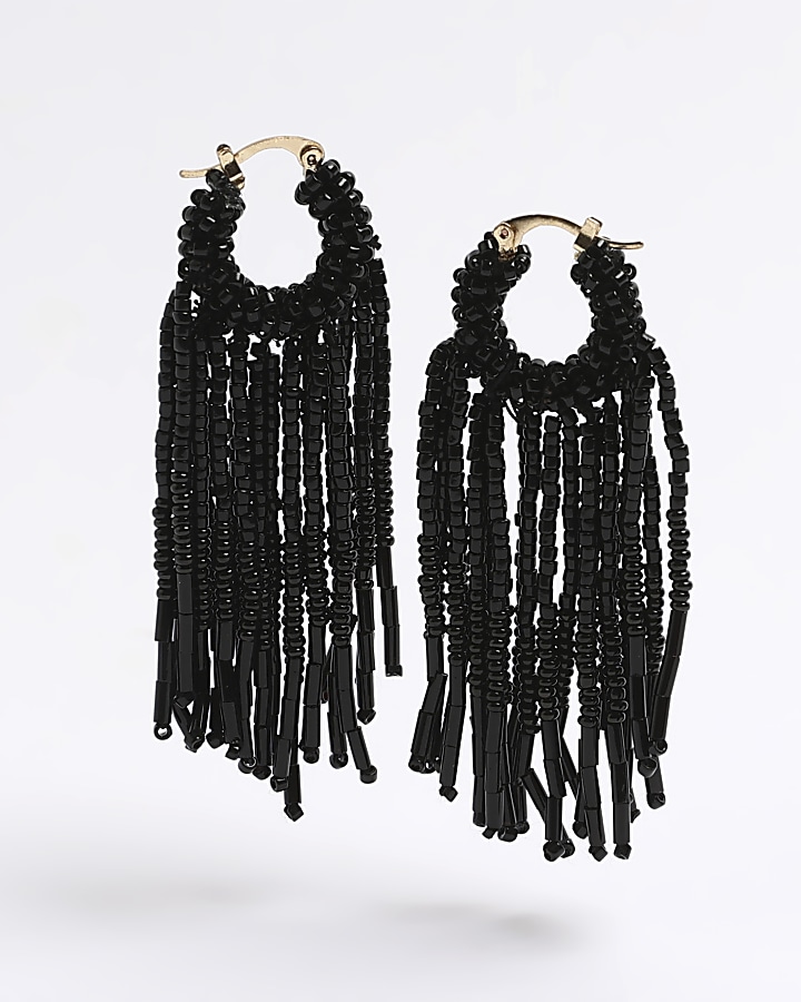 Black Beaded Tassel Drop Earrings