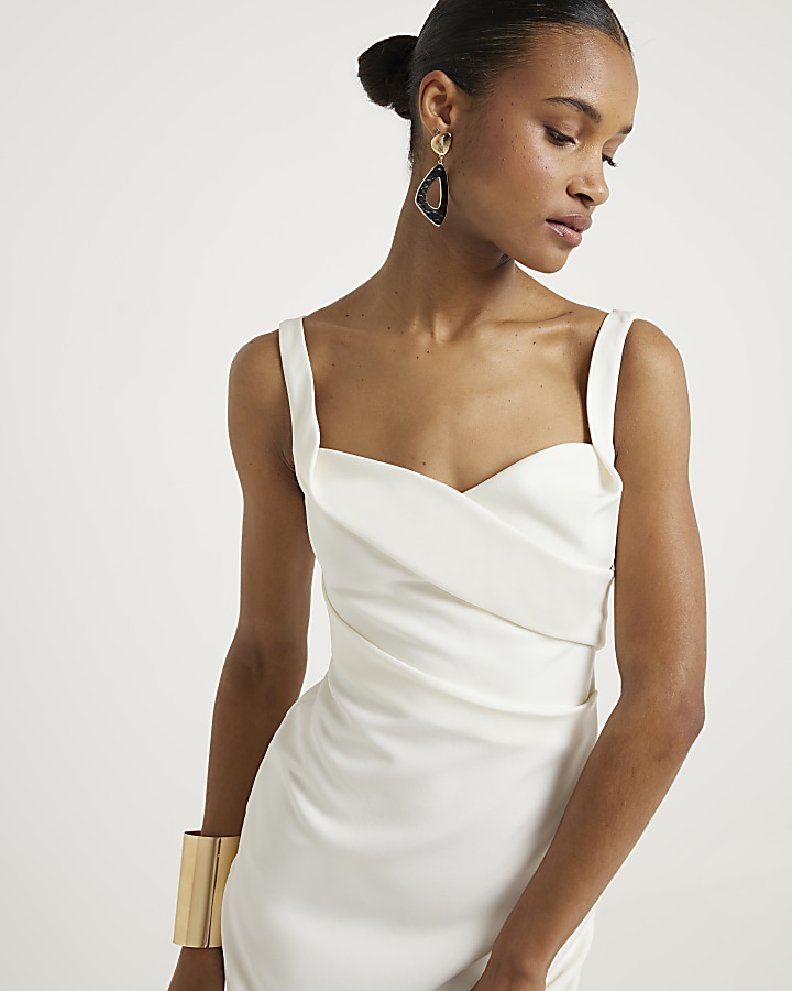 White ruched open back bodycon midi dress