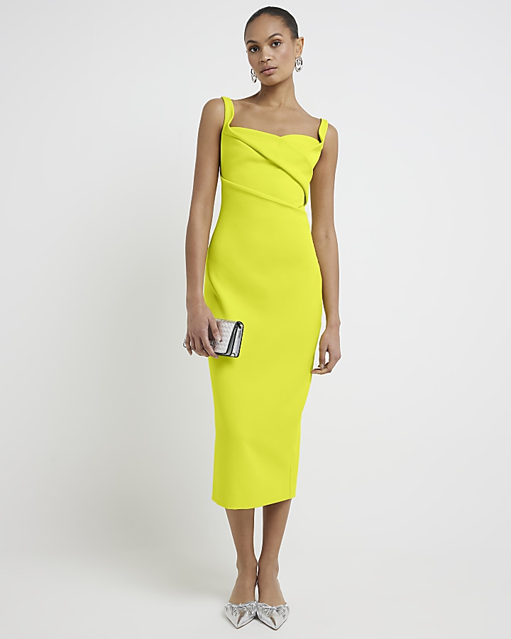 Green ruched open back bodycon midi dress