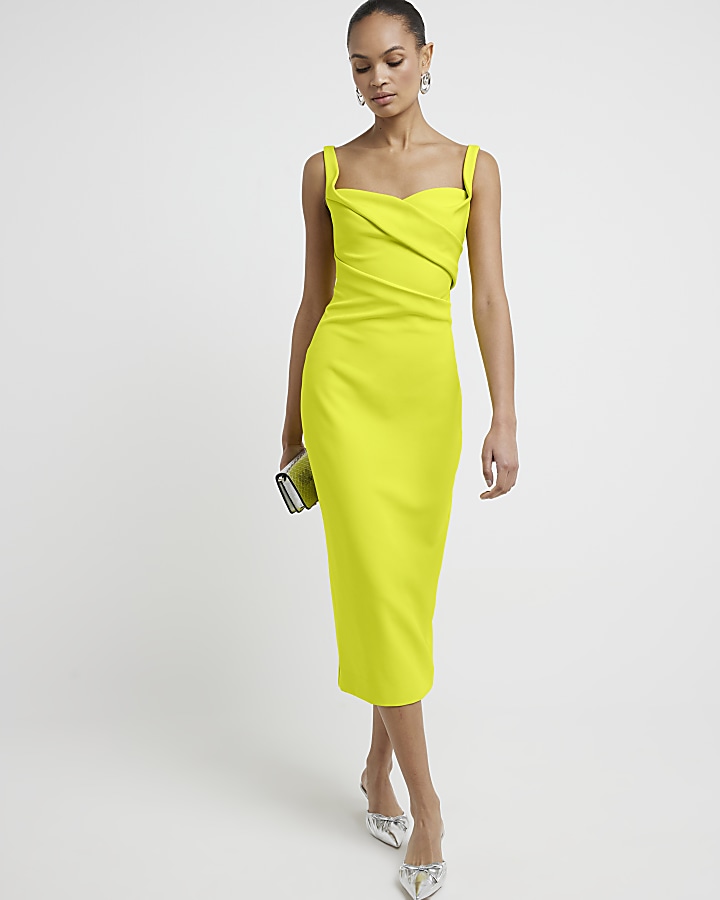 Green ruched open back bodycon midi dress