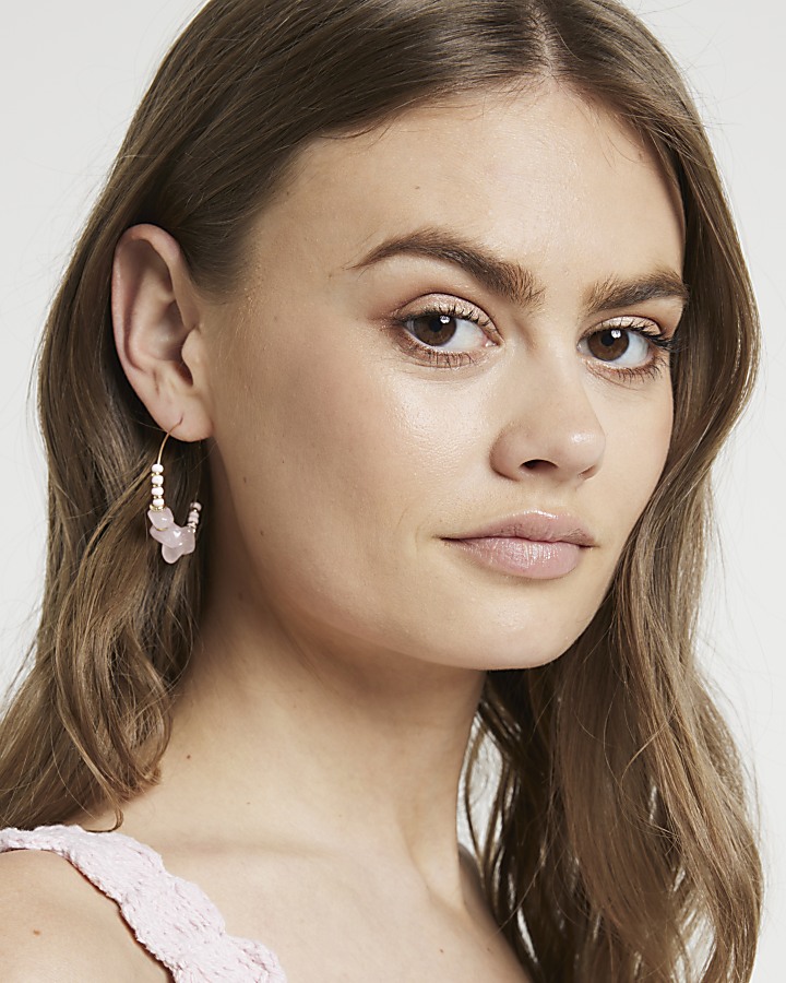 Pink Beaded Charm Hoop Earrings
