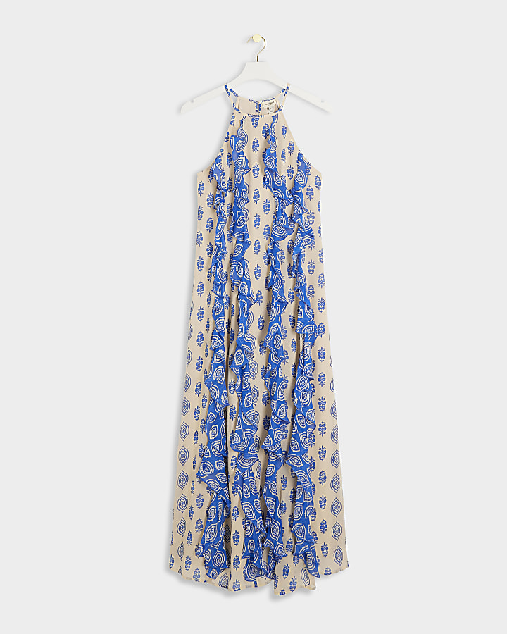 Blue geometric frill smock maxi dress