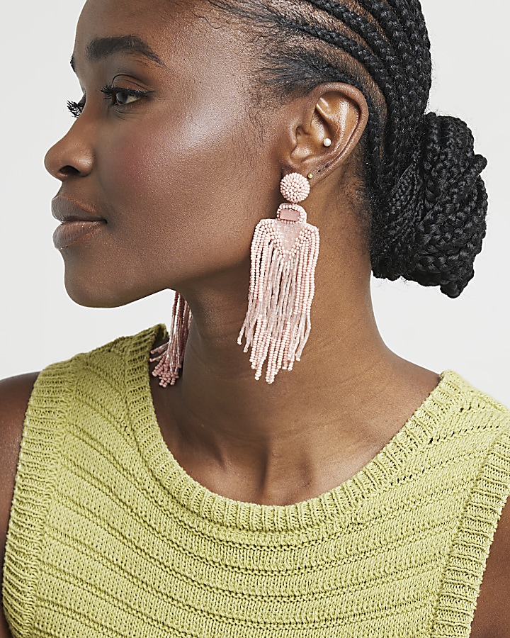 Pink beaded tassel drop earrings