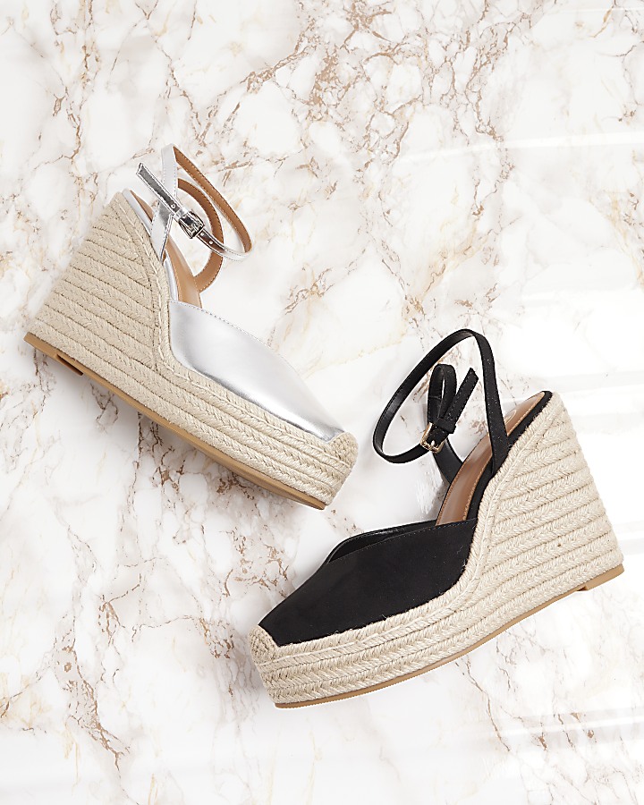 Silver espadrille heeled wedge sandals