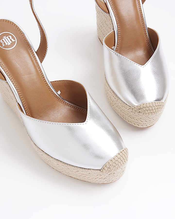 Silver espadrille heeled wedge sandals