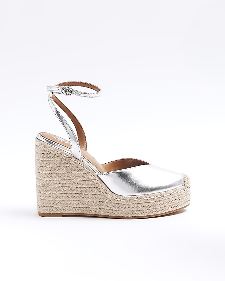 Silver espadrille heeled wedge sandals