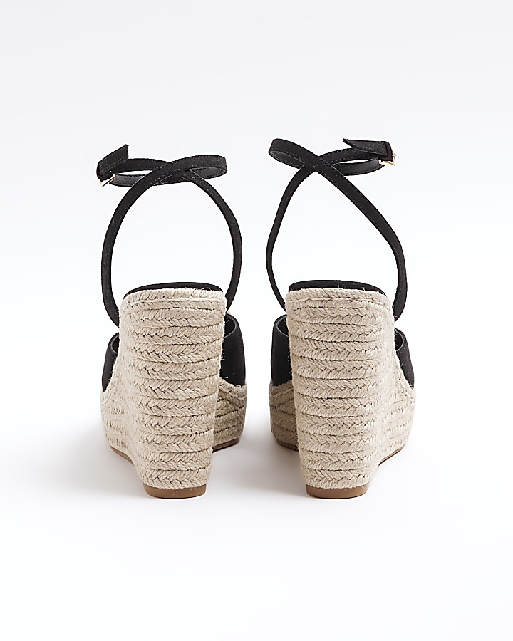 Black espadrille heeled wedge sandals