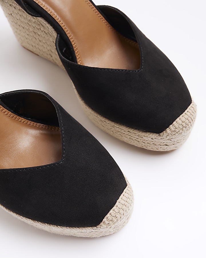 Black espadrille heeled wedge sandals