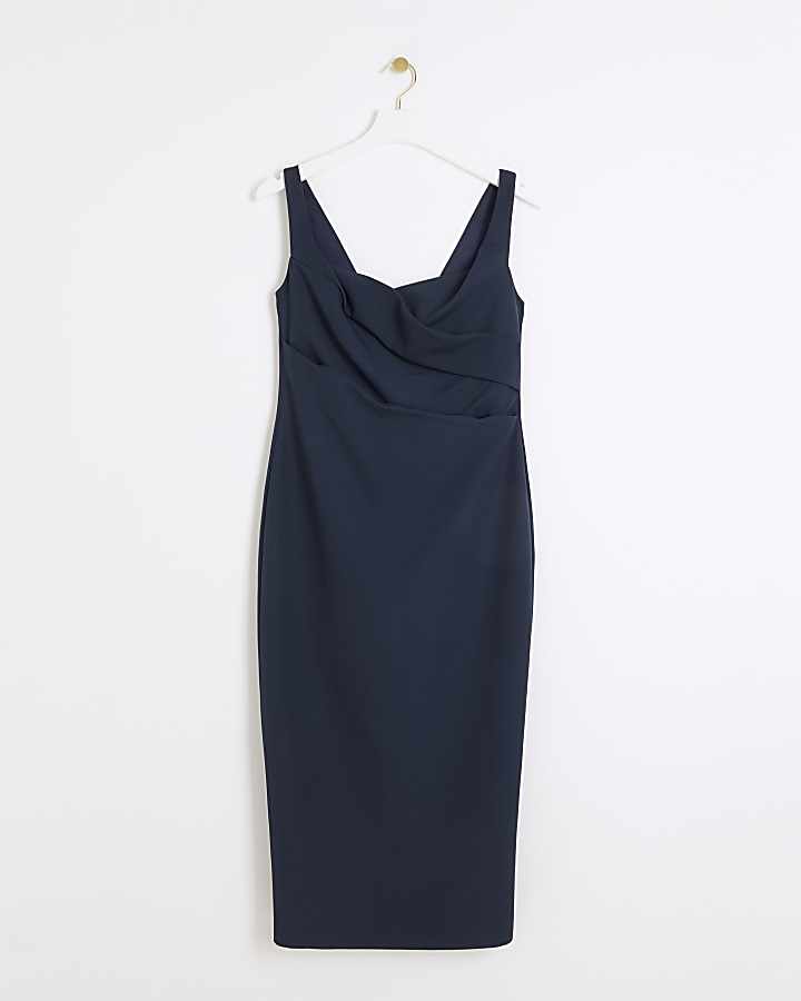 Navy ruched open back bodycon midi dress