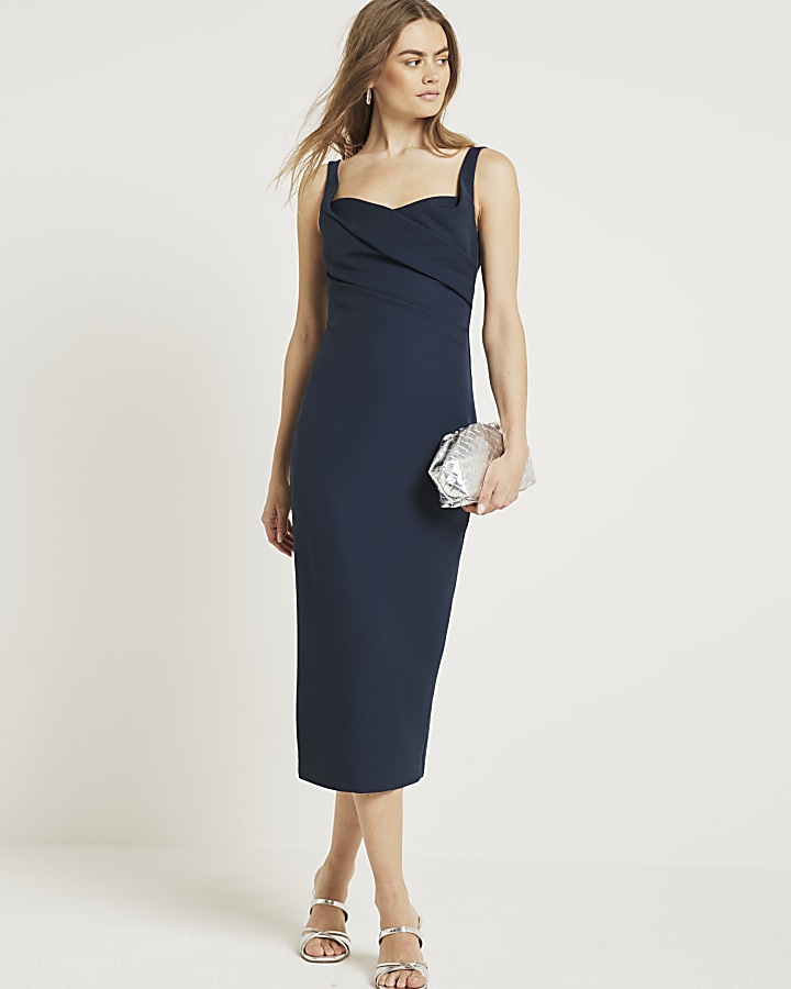Navy ruched open back bodycon midi dress