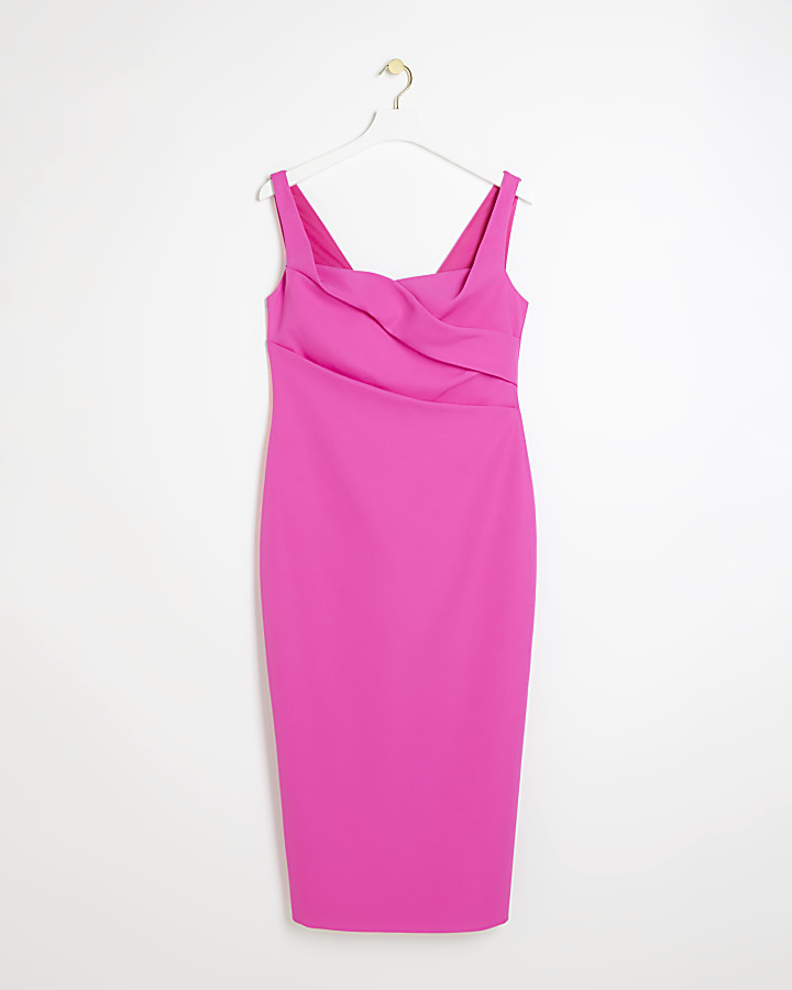 Pink ruched open back bodycon midi dress