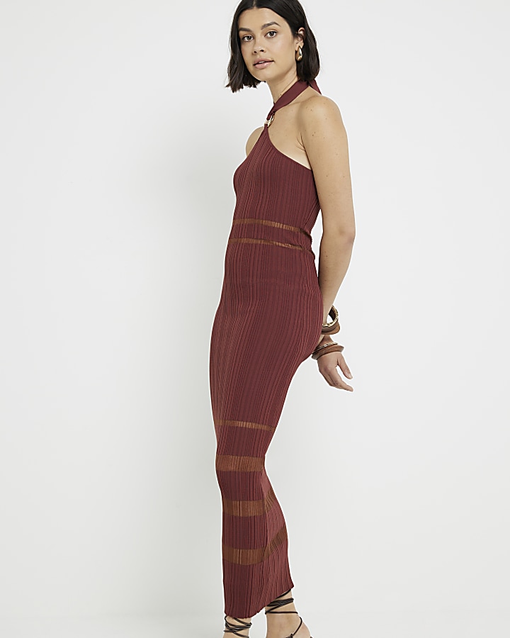 Brown knitted knot front bodycon midi dress