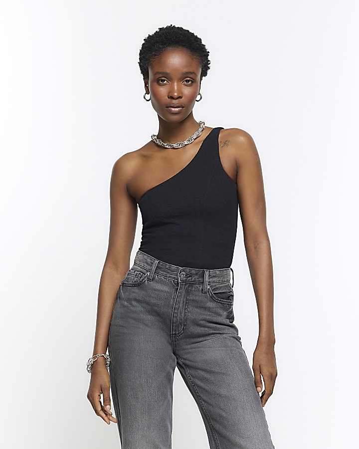 Black rib one shoulder top