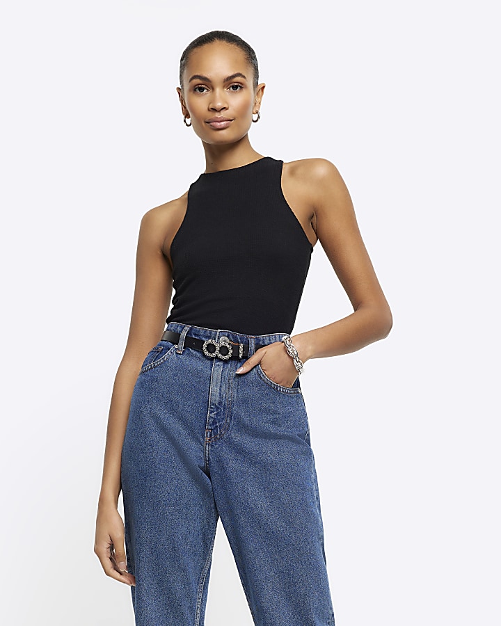 Black Rib Halter Neck Top