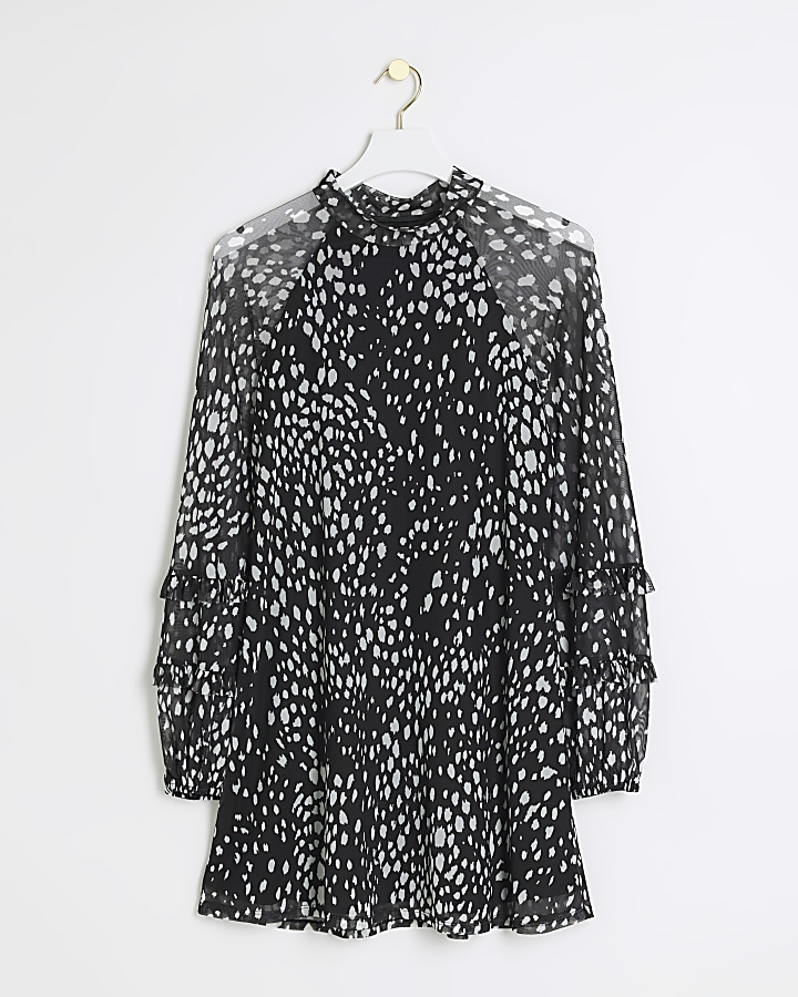 Black spot mesh sleeve swing mini dress