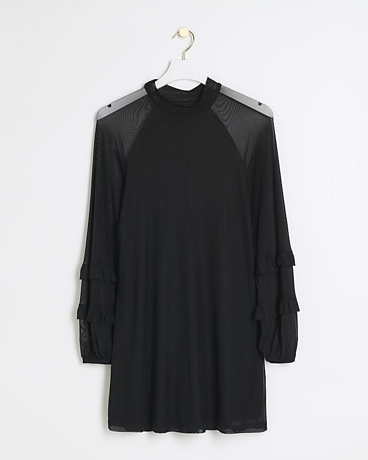 Black mesh sleeve swing mini dress