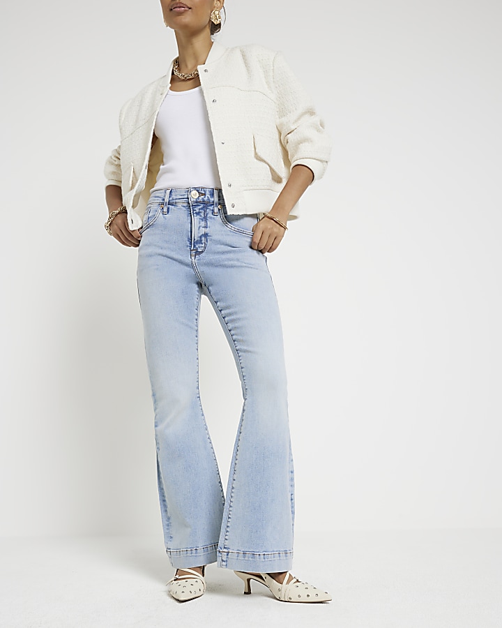 Petite blue high waisted flared jeans