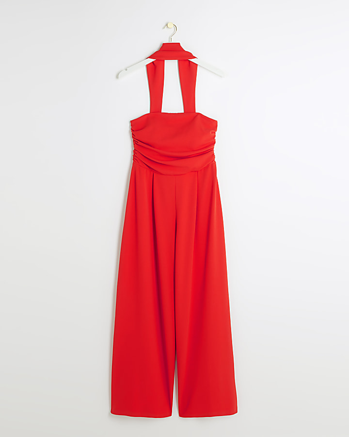 Red ruched top wide leg jumpsuit