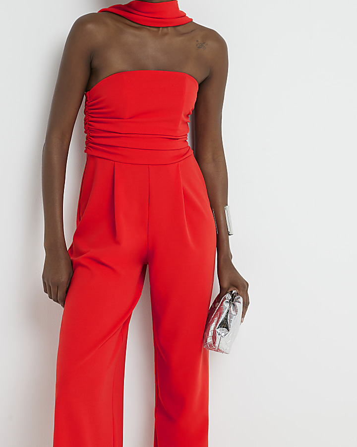 Red ruched top wide leg jumpsuit