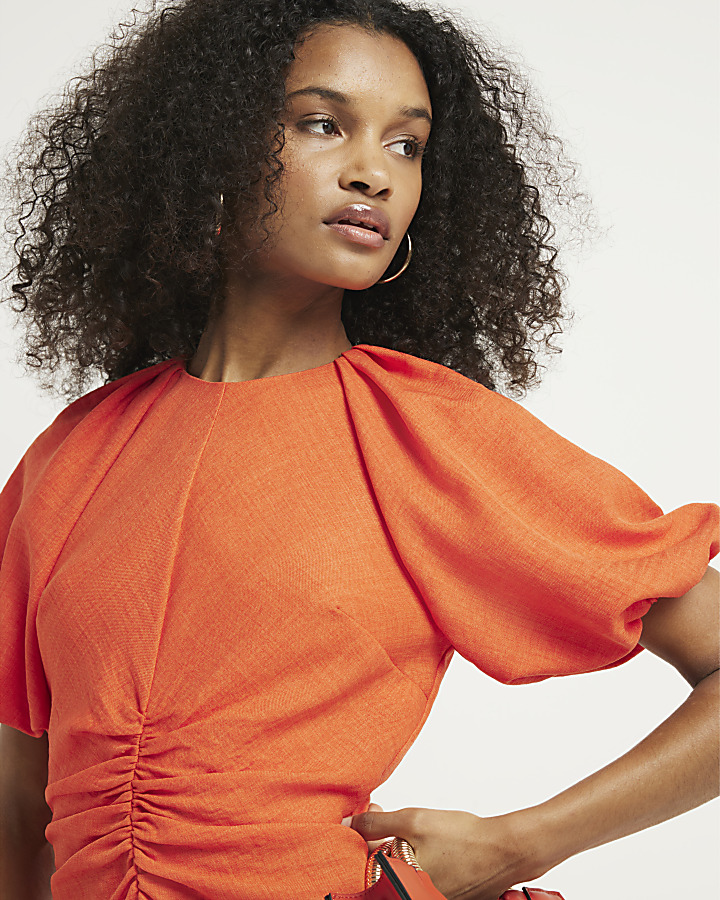 Coral ruched puff sleeve shift midi dress River Island