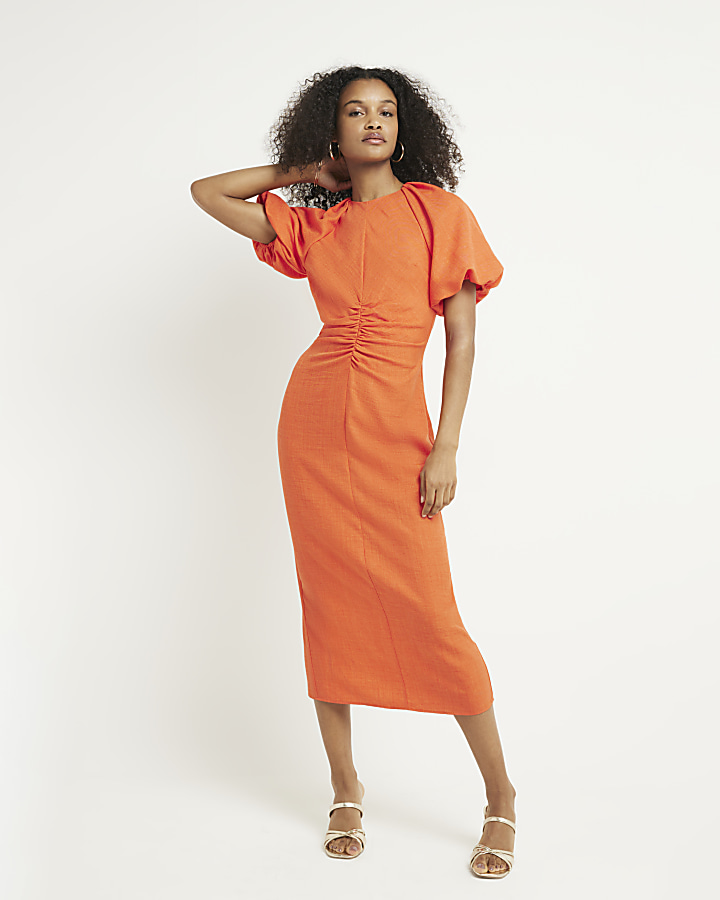 Coral ruched puff sleeve shift midi dress