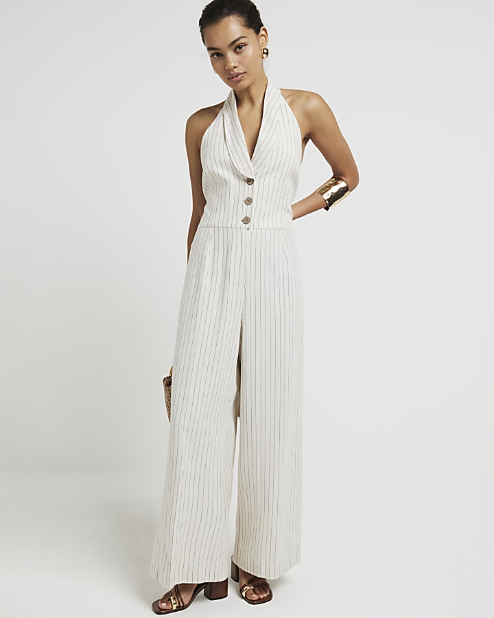 Petite white stripe waistcoat jumpsuit