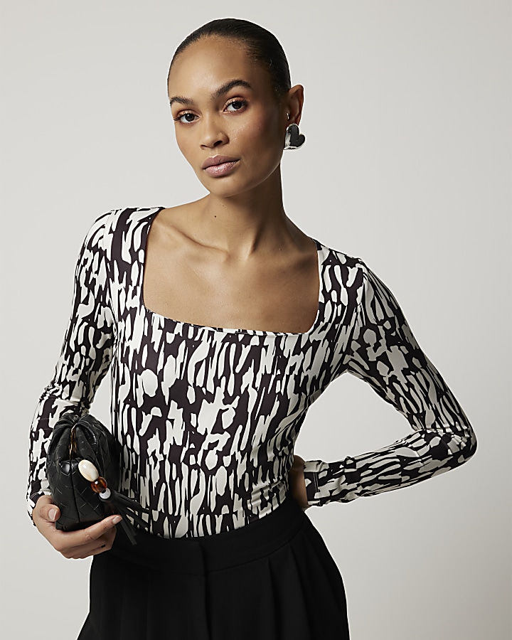 Black abstract long sleeve bodysuit River Island