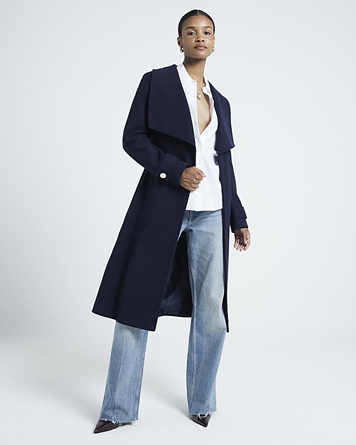 Navy Belted Wrap Coat | River Island