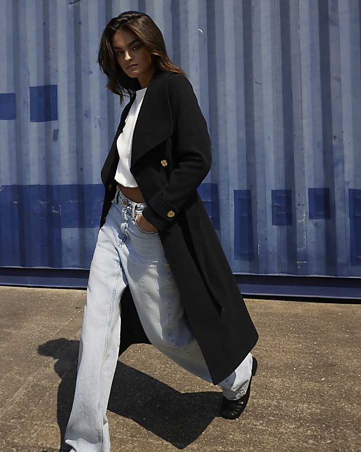 Black belted wrap coat | River Island