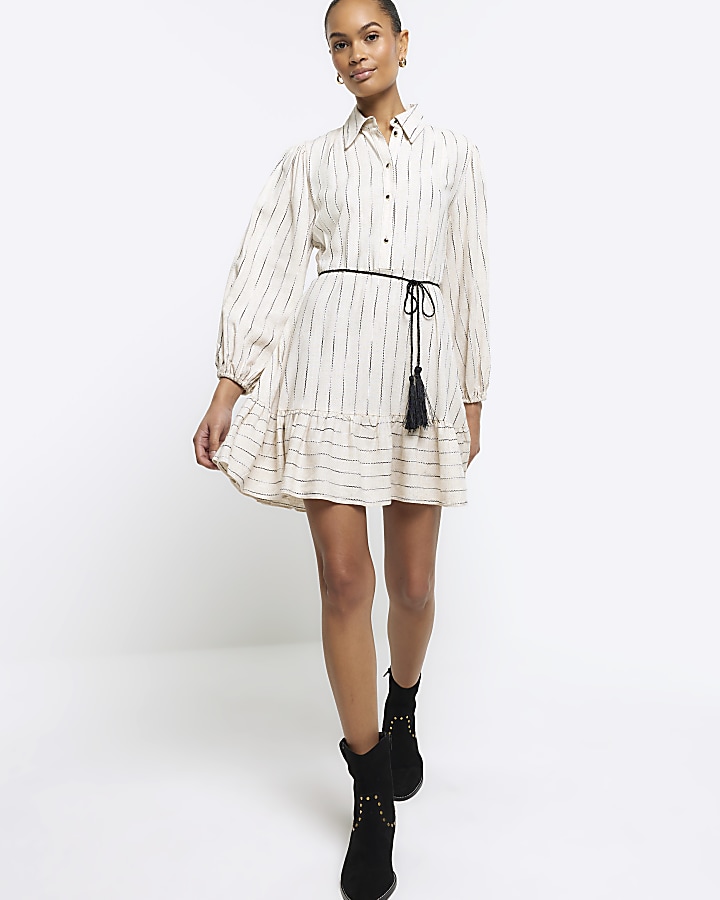 Beige stripe belted midi shirt dress