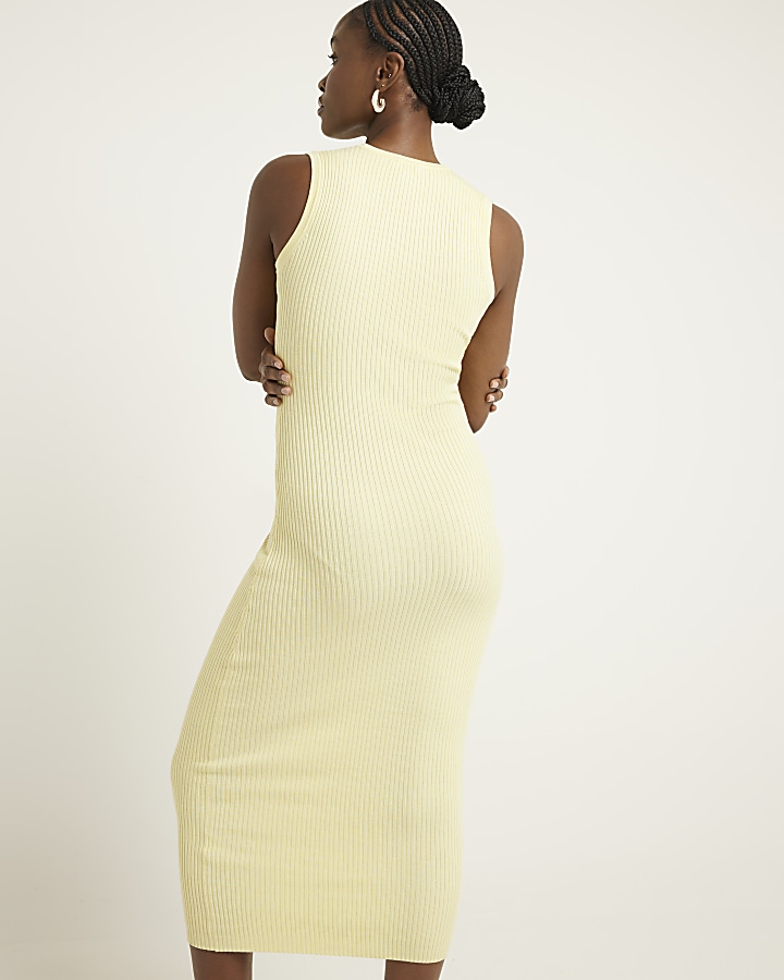 Yellow ribbed embroidered bodycon midi dress