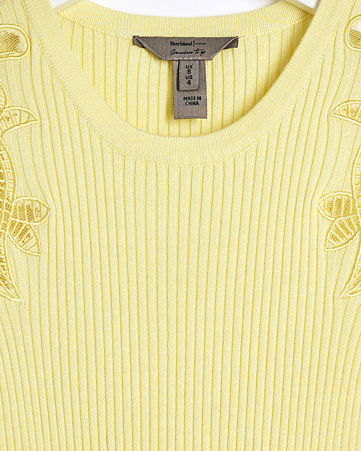 Yellow ribbed embroidered bodycon midi dress