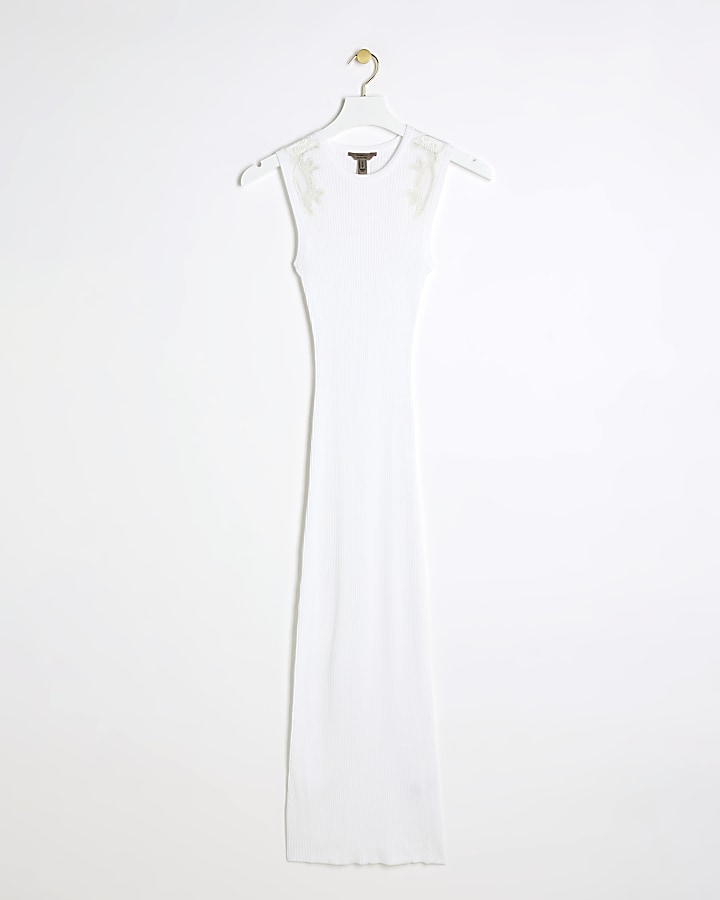 White ribbed embroidered bodycon midi dress