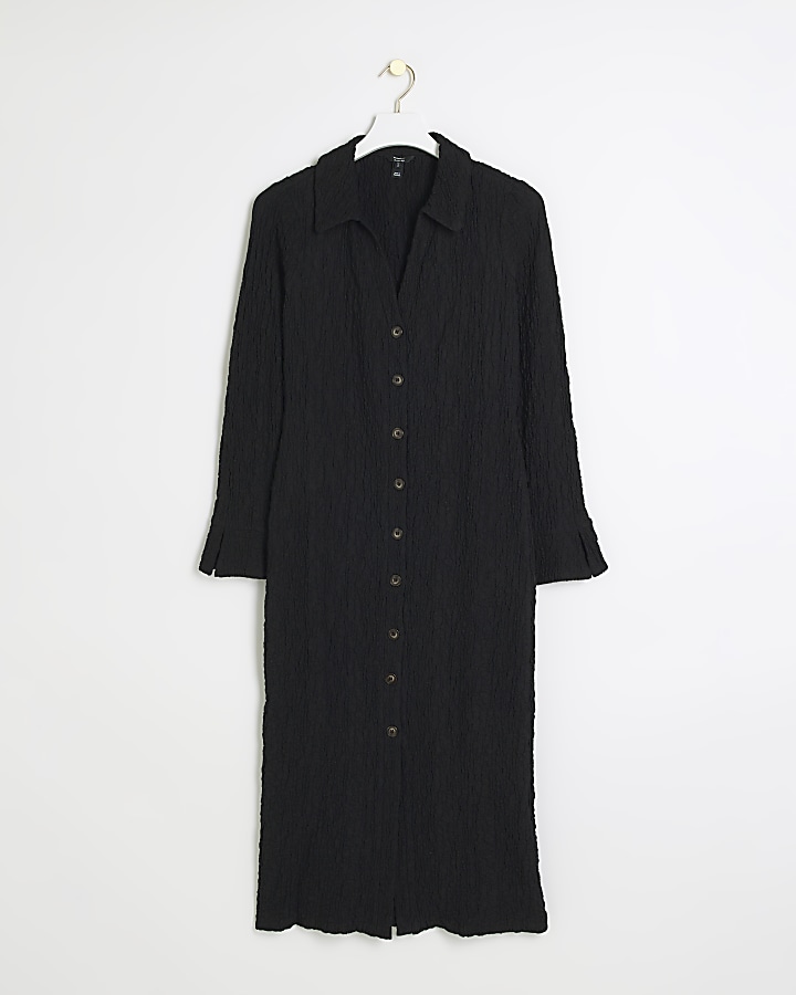 Black Textured Midi Shirt Dress