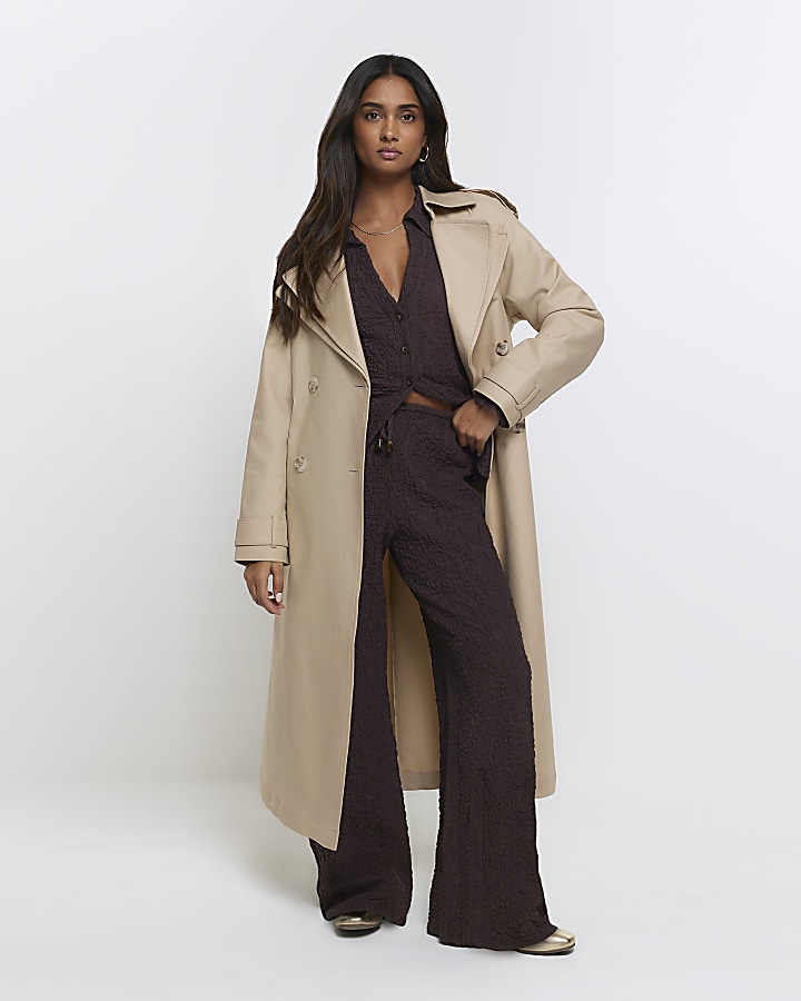 Brown textured wide leg trousers