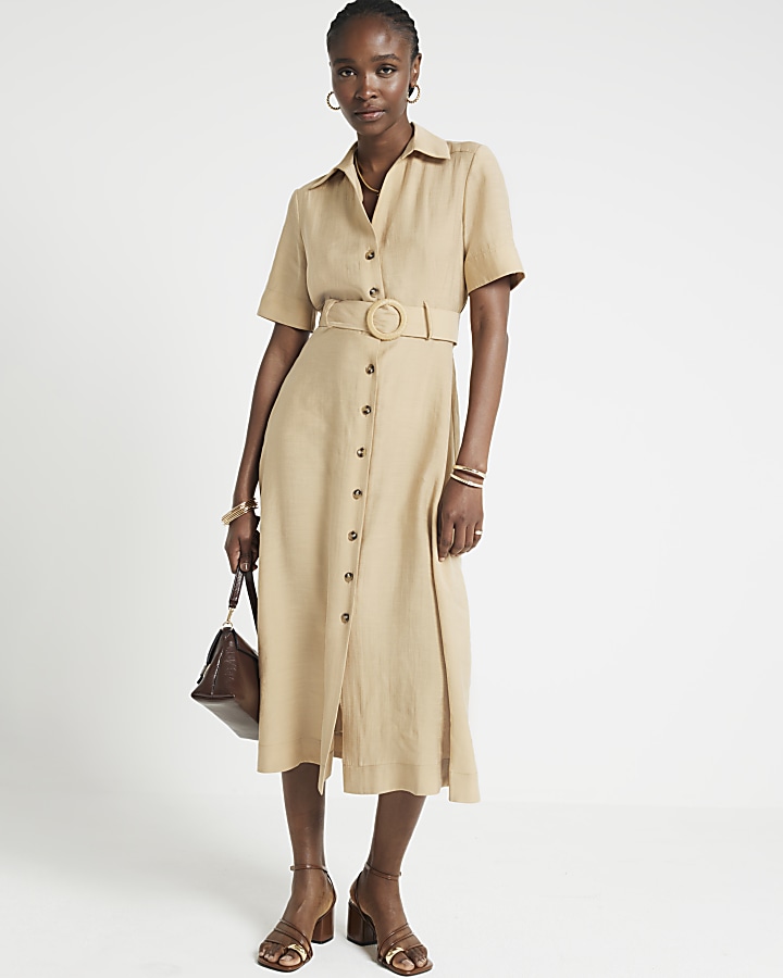 Beige Belted Button Midi Shirt Dress