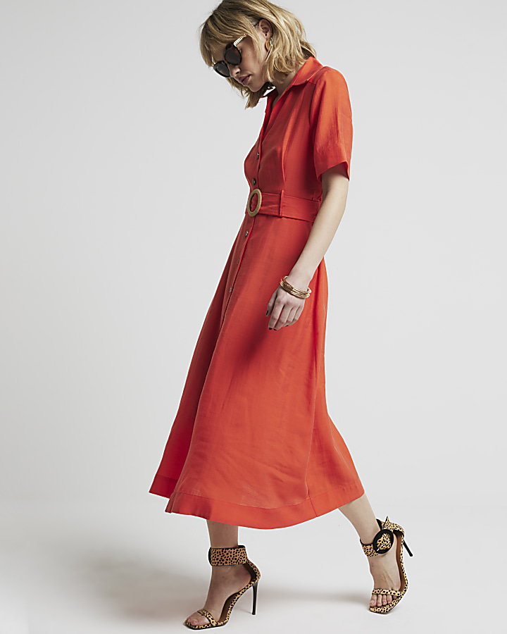 Red belted button up midi shirt dress