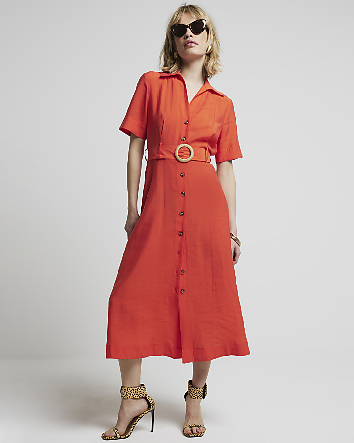 Red belted midi shirt dress