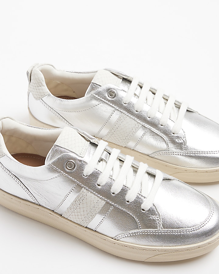 Silver leather lace up trainers