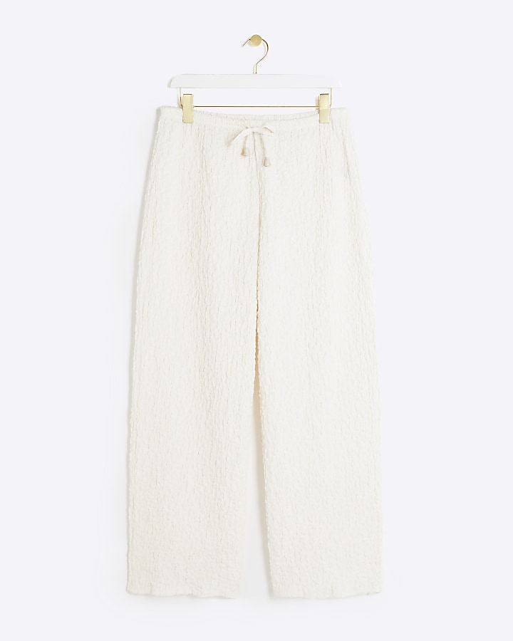 Petite cream textured wide leg trousers