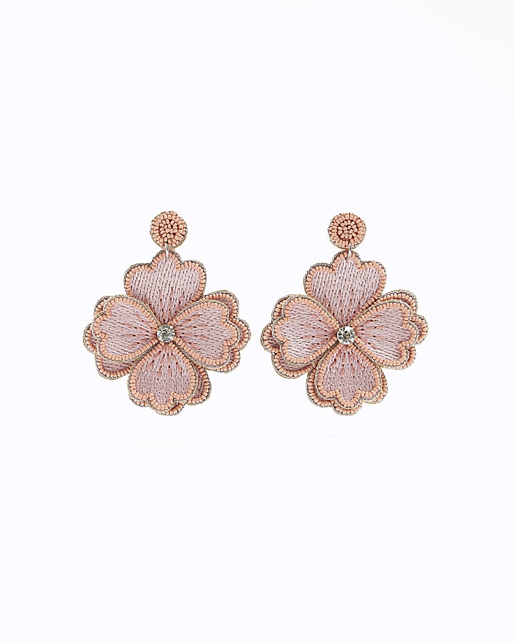 Pink beaded flower drop earrings