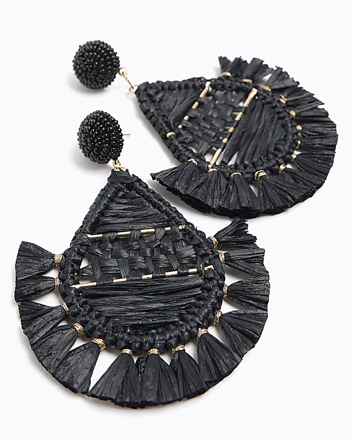 Black Raffia Tassel Drop Earrings