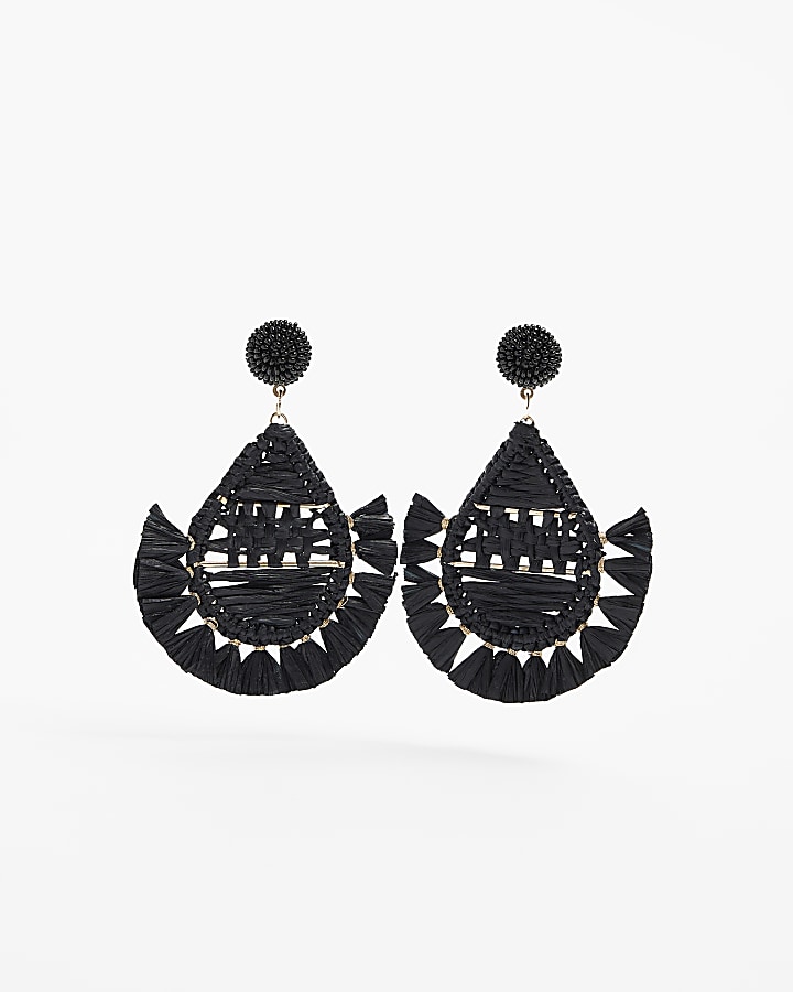 Black Raffia Tassel Drop Earrings