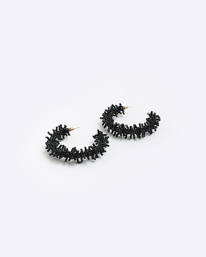 Black Beaded Hoop Earrings