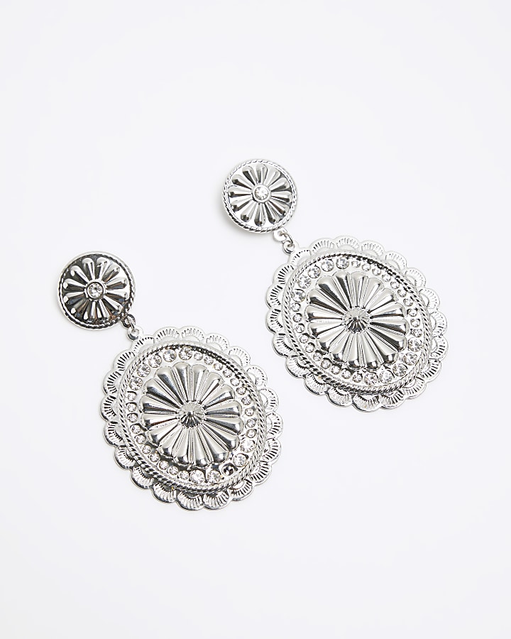 Silver Textured Disc Drop Earrings